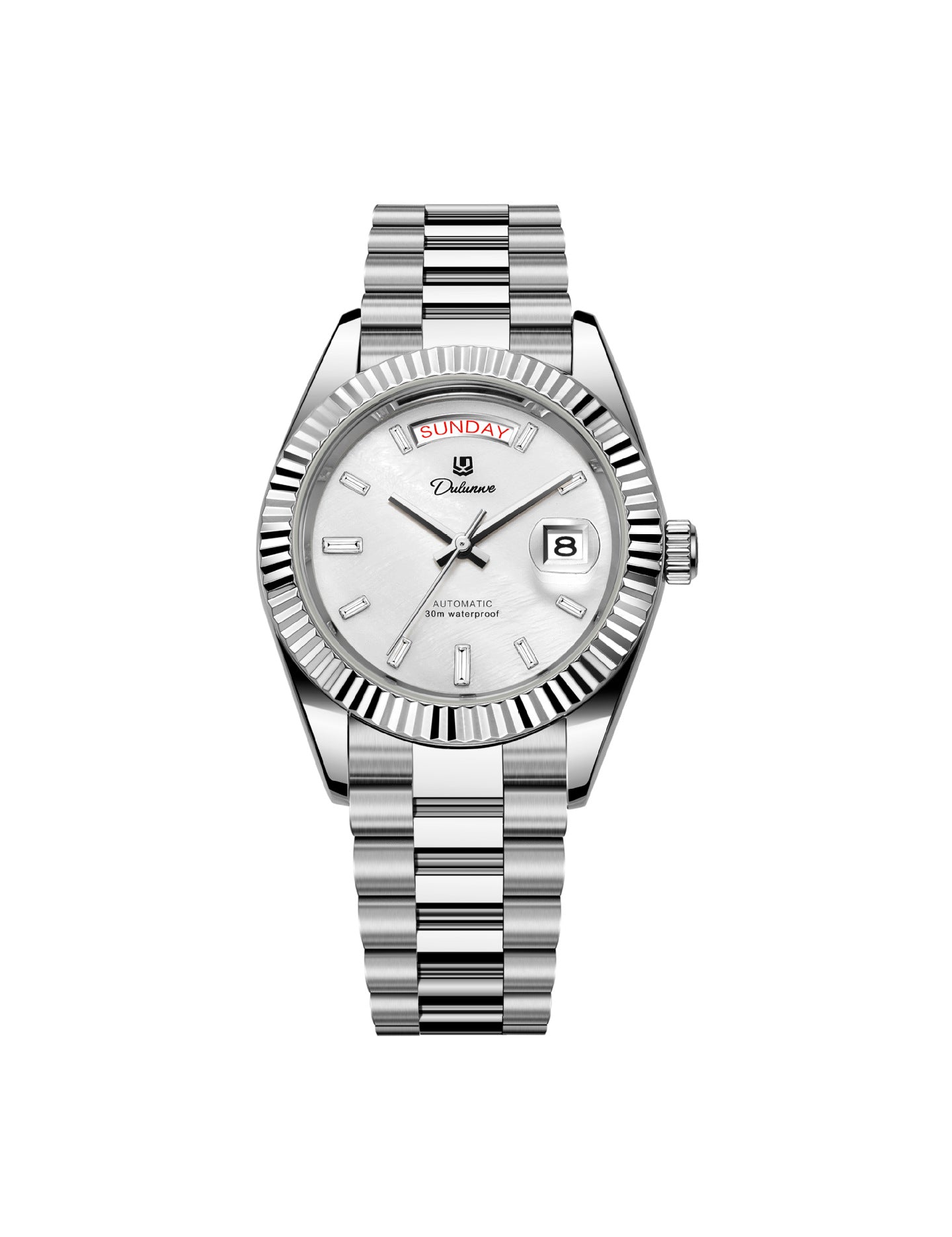 Men’s automatic steel watch with pearled silver dial and fluted bezel.