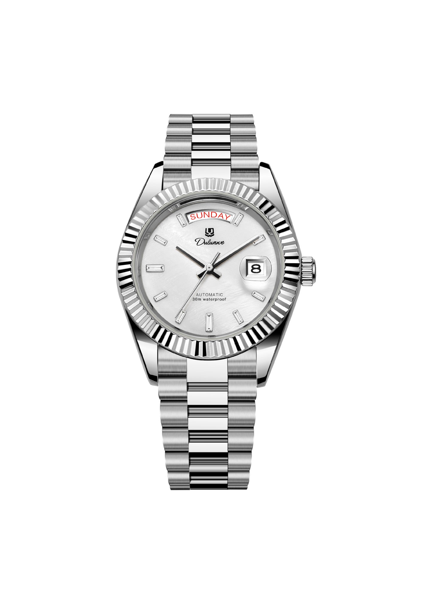 Men’s automatic steel watch with pearled silver dial and fluted bezel.