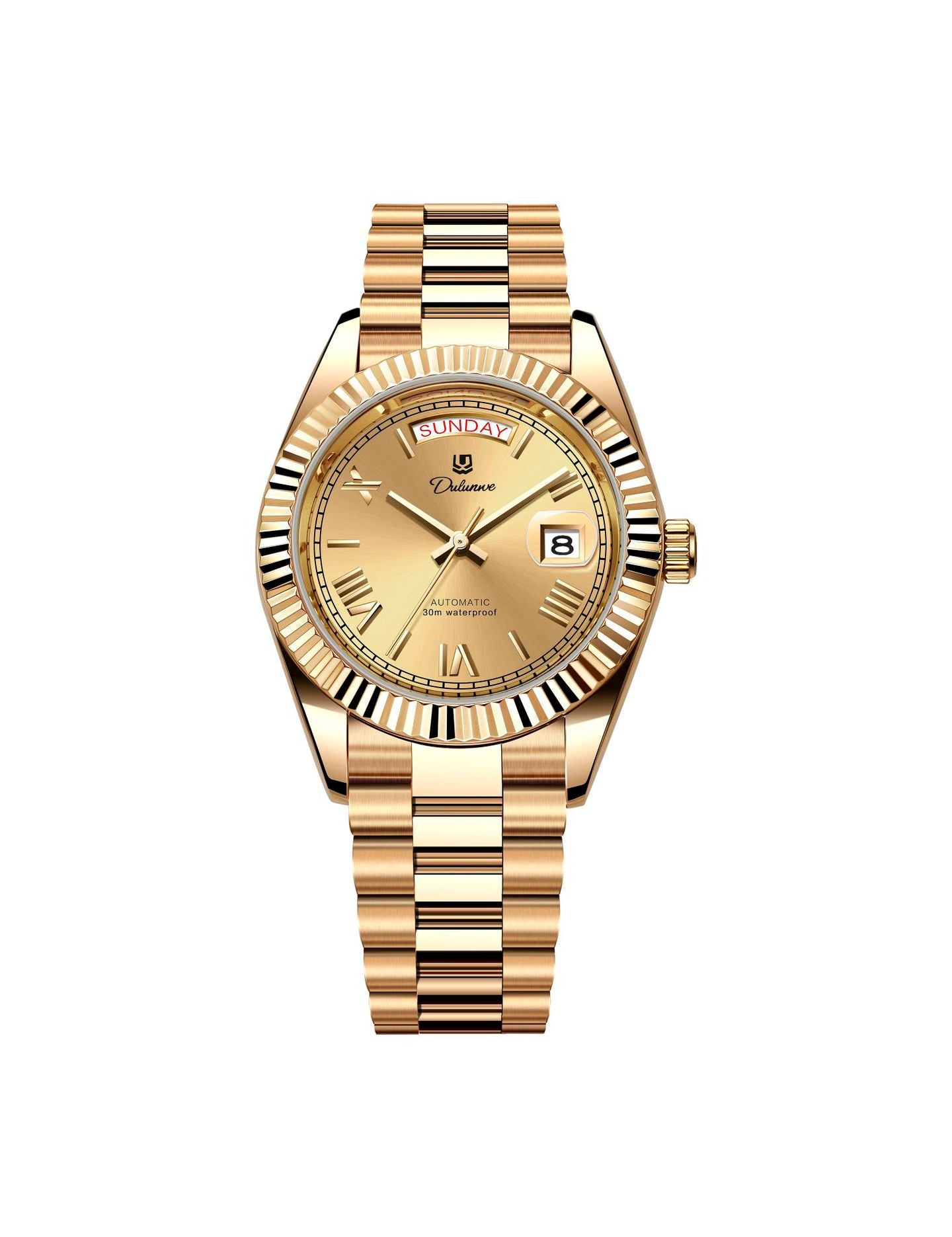 Men’s automatic gilt watch with sunburst gold dial and fluted bezel.