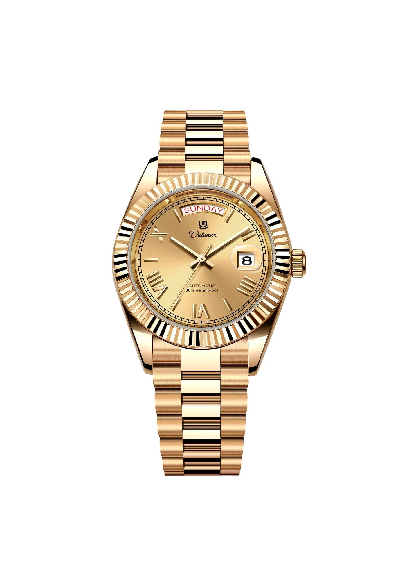 Men’s automatic gilt watch with sunburst gold dial and fluted bezel.