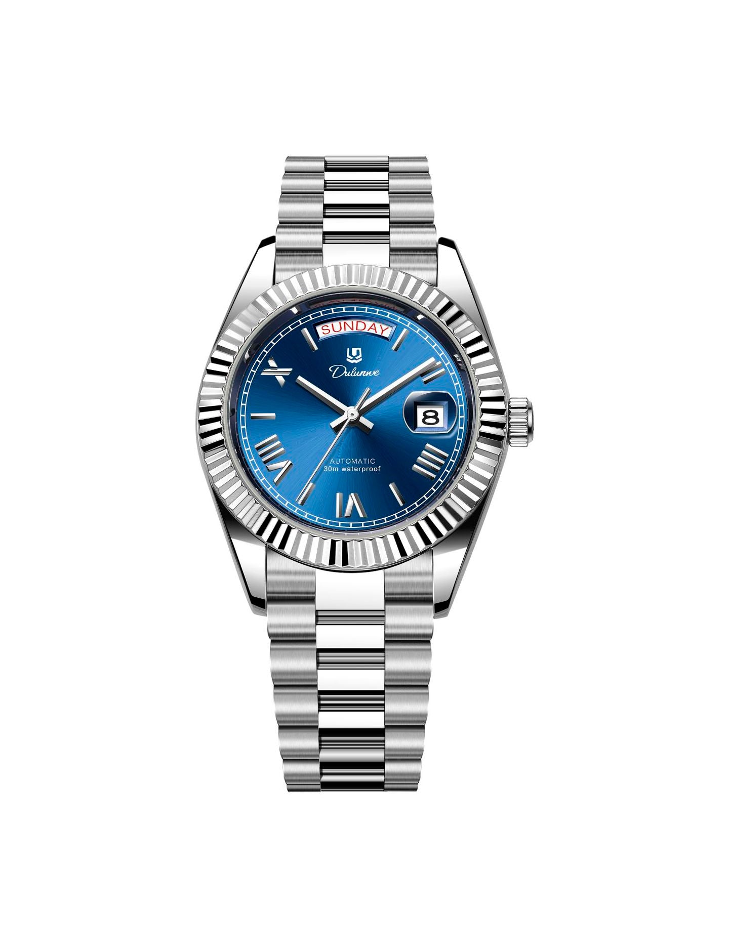 Men’s automatic steel watch with midnight-blue sunburst dial and fluted bezel.