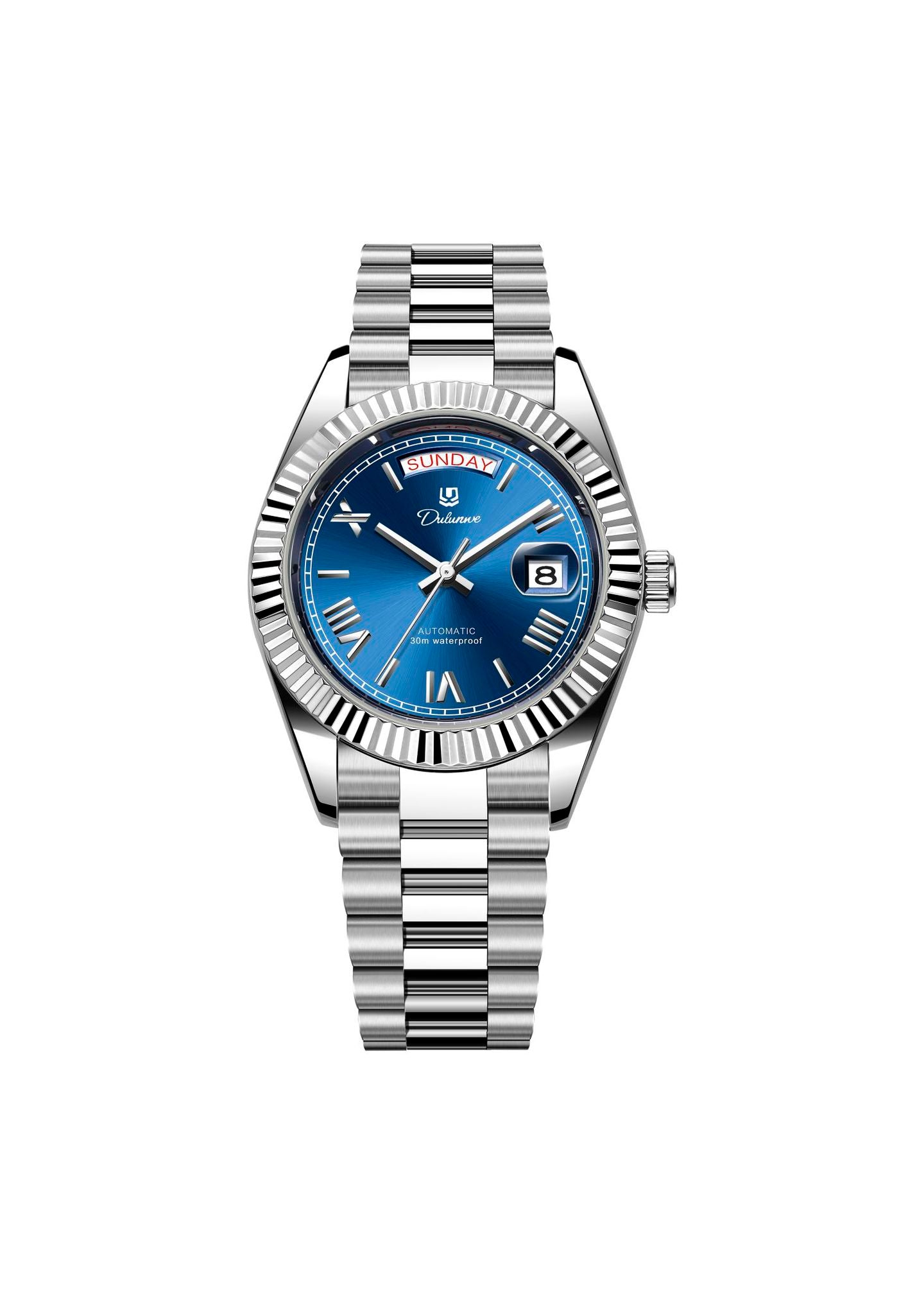Men’s automatic steel watch with midnight-blue sunburst dial and fluted bezel.