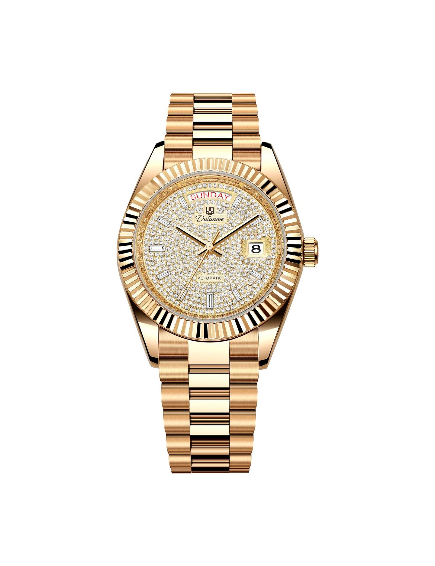 Men’s automatic gilt watch with light pavé dial and fluted bezel.