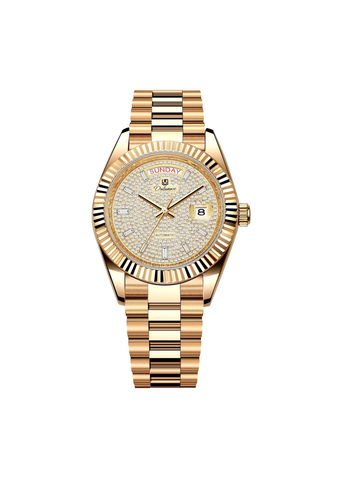 Men’s automatic gilt watch with light pavé dial and fluted bezel.