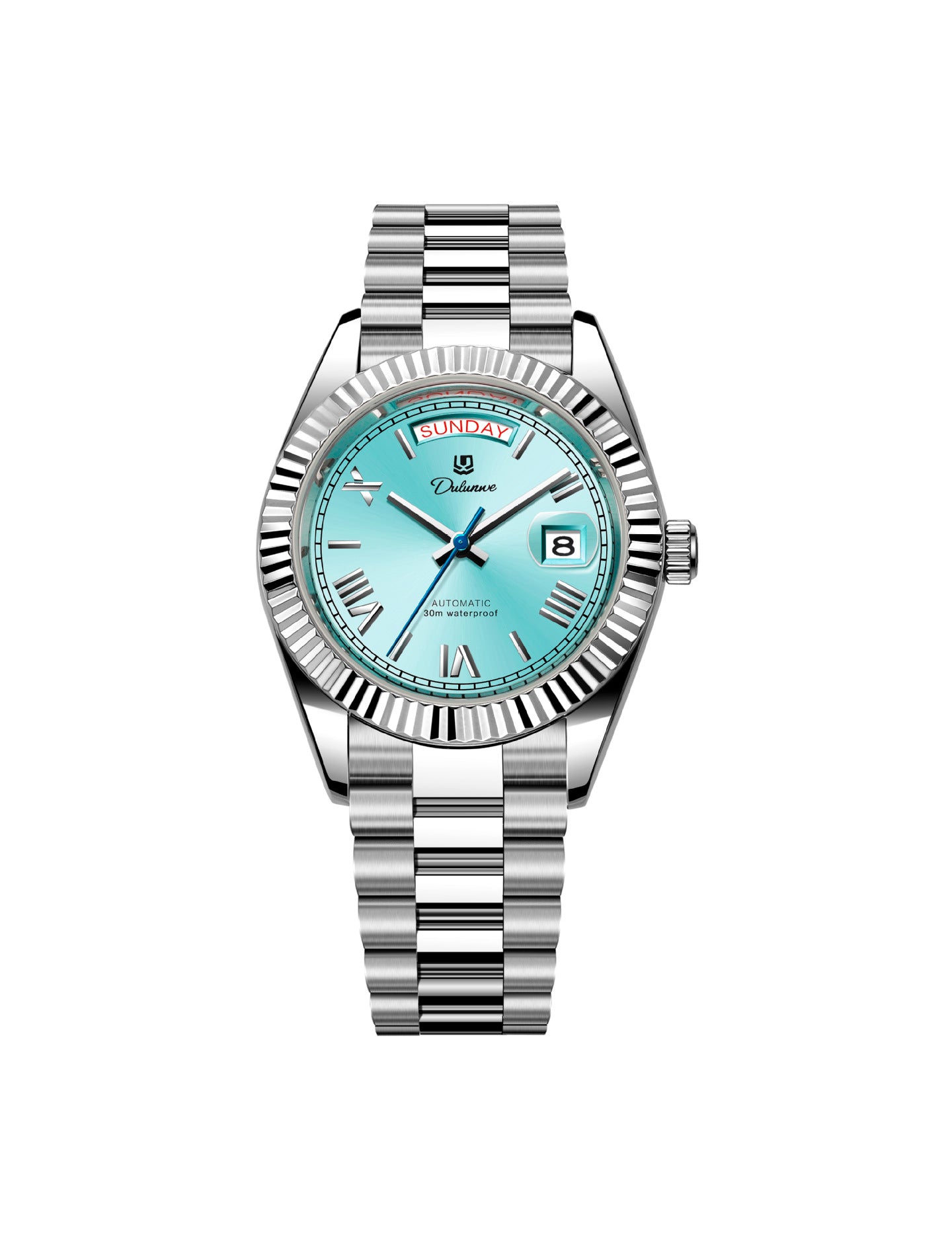 Men’s automatic steel watch with light aqua sunburst dial and fluted bezel.