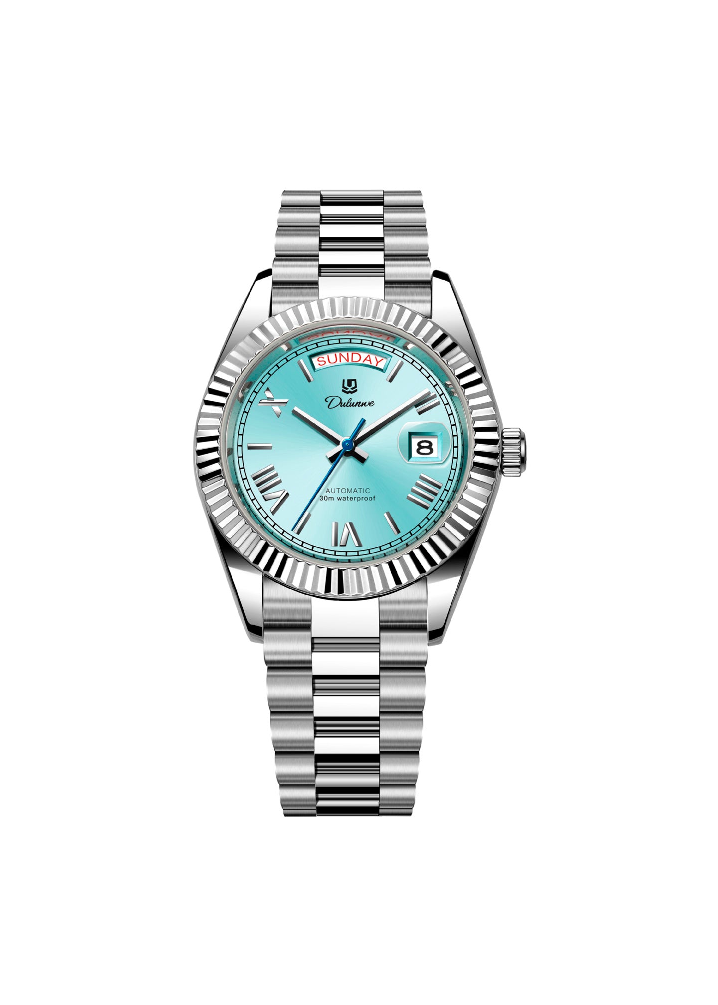 Men’s automatic steel watch with light aqua sunburst dial and fluted bezel.