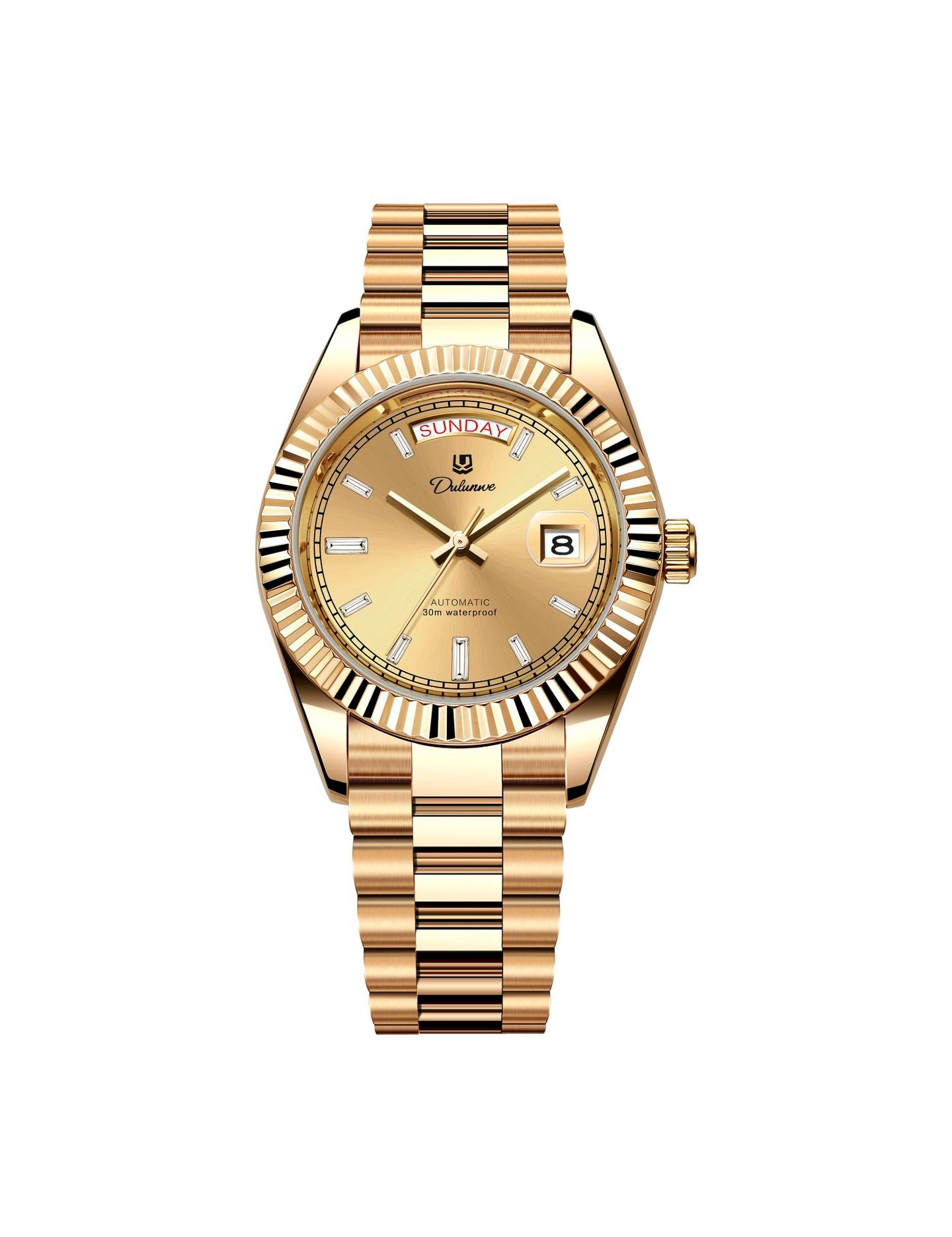 Men’s automatic gilt watch with gold sunburst dial and fluted bezel.