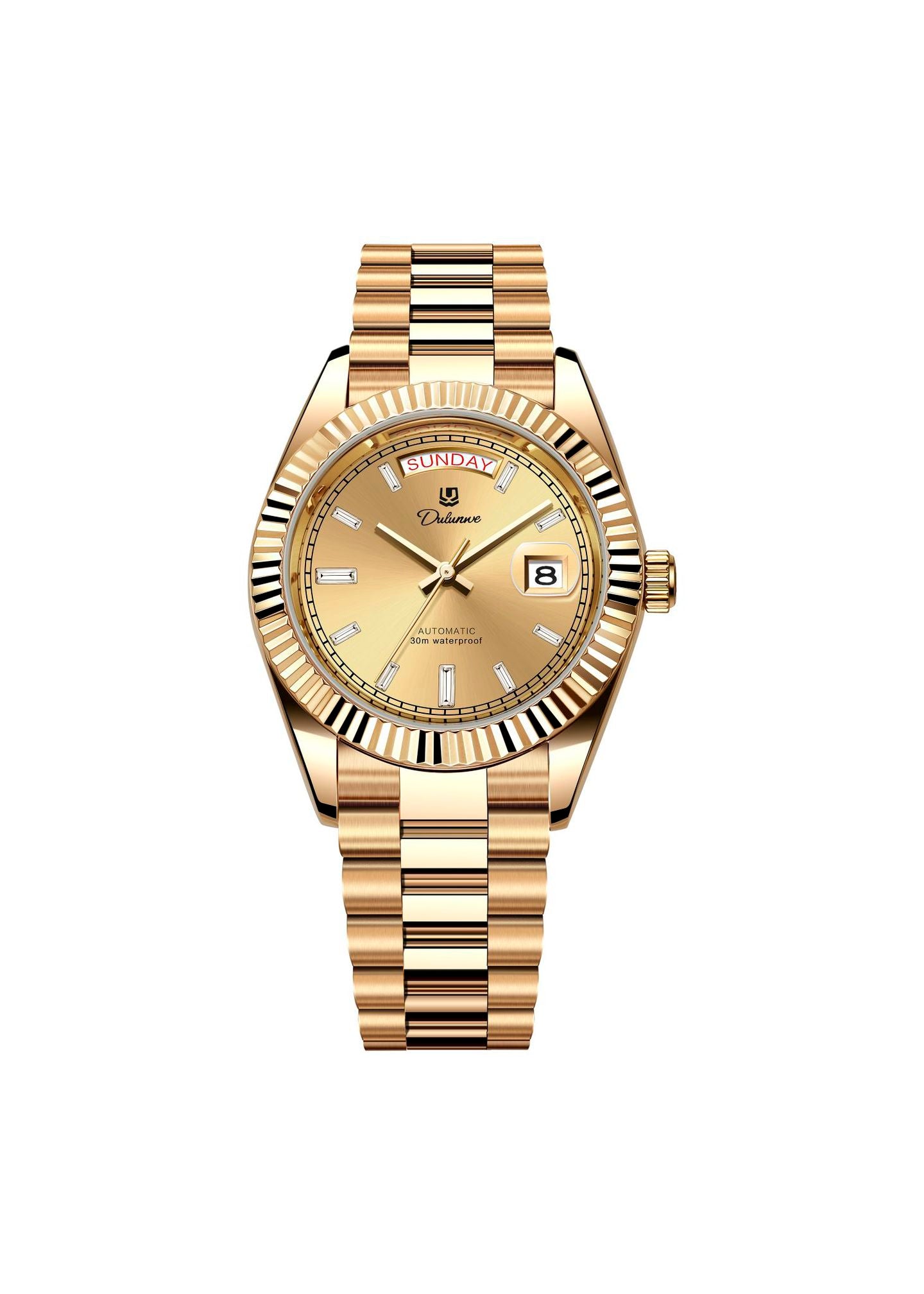 Men’s automatic gilt watch with gold sunburst dial and fluted bezel.