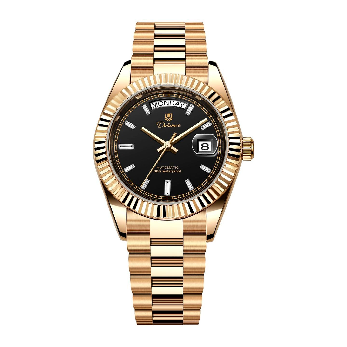 Men’s automatic gilt watch with black sunburst dial and fluted bezel.