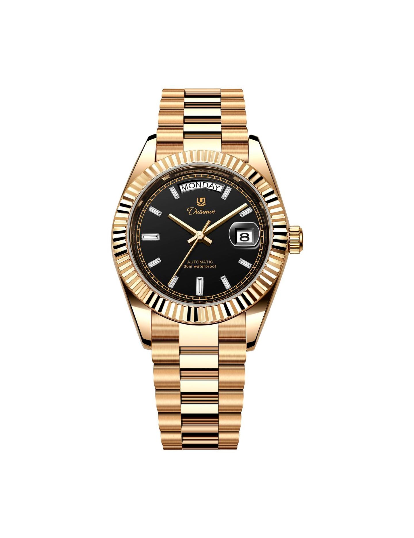 Men’s automatic gilt watch with black sunburst dial and fluted bezel.