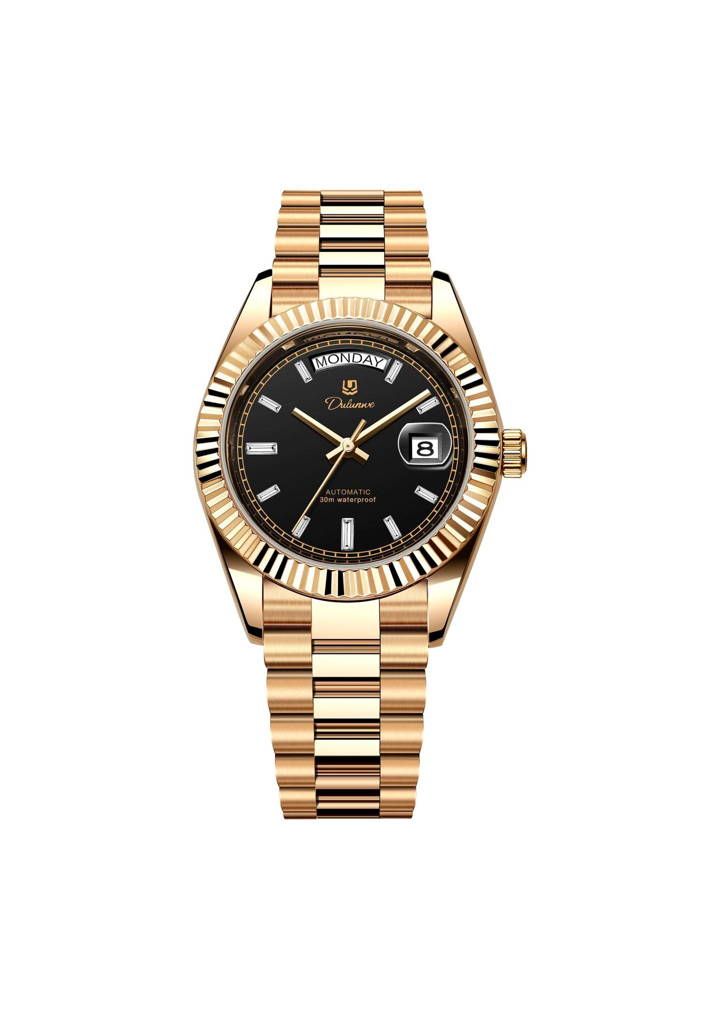 Men’s automatic gilt watch with black sunburst dial and fluted bezel.