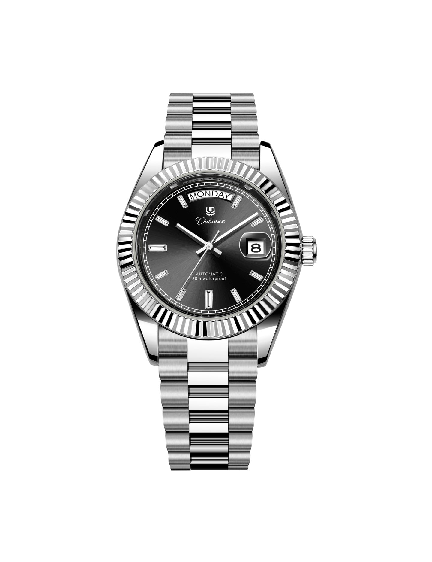 Men’s automatic steel watch with black sunburst dial and fluted bezel.