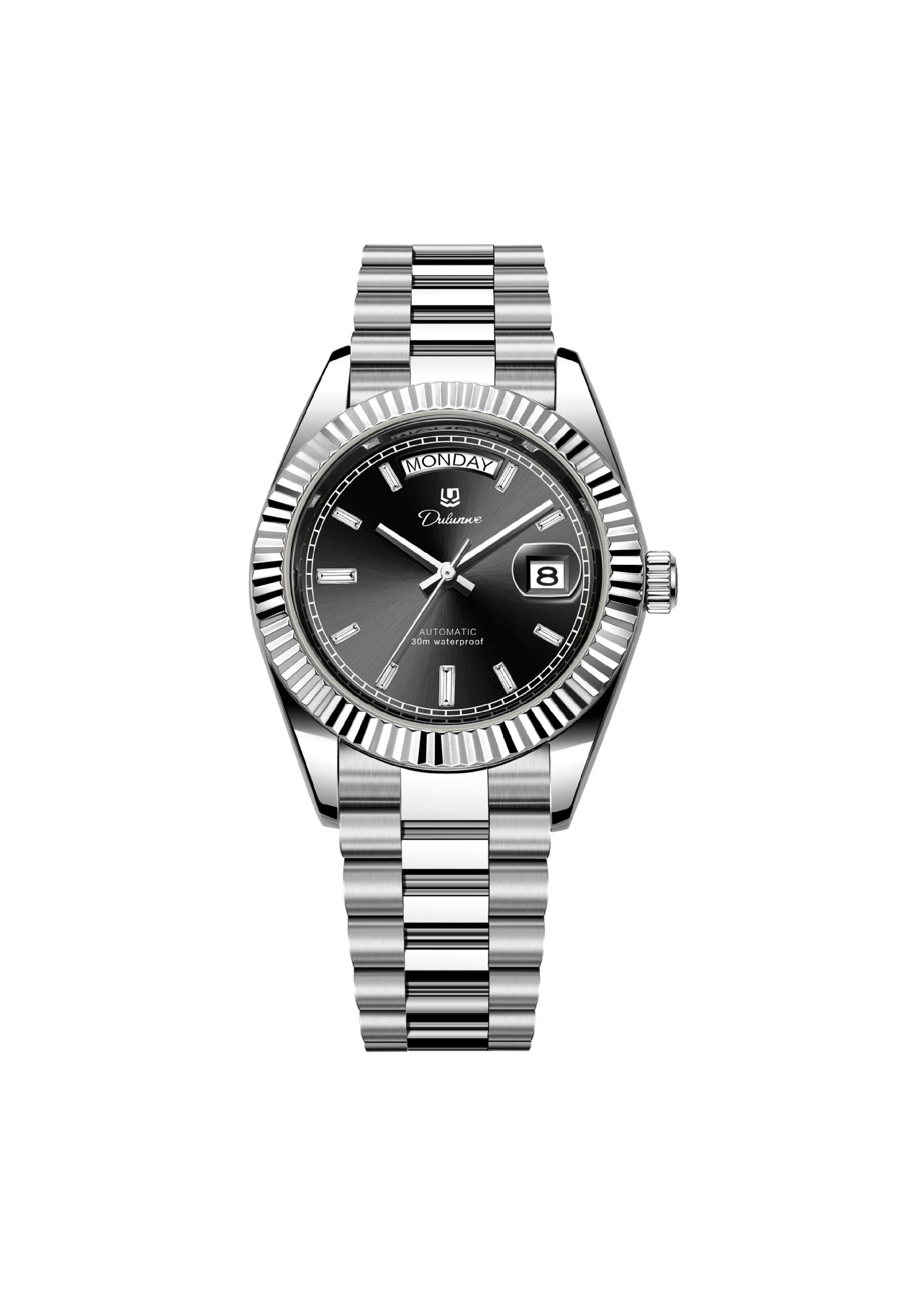 Men’s automatic steel watch with black sunburst dial and fluted bezel.
