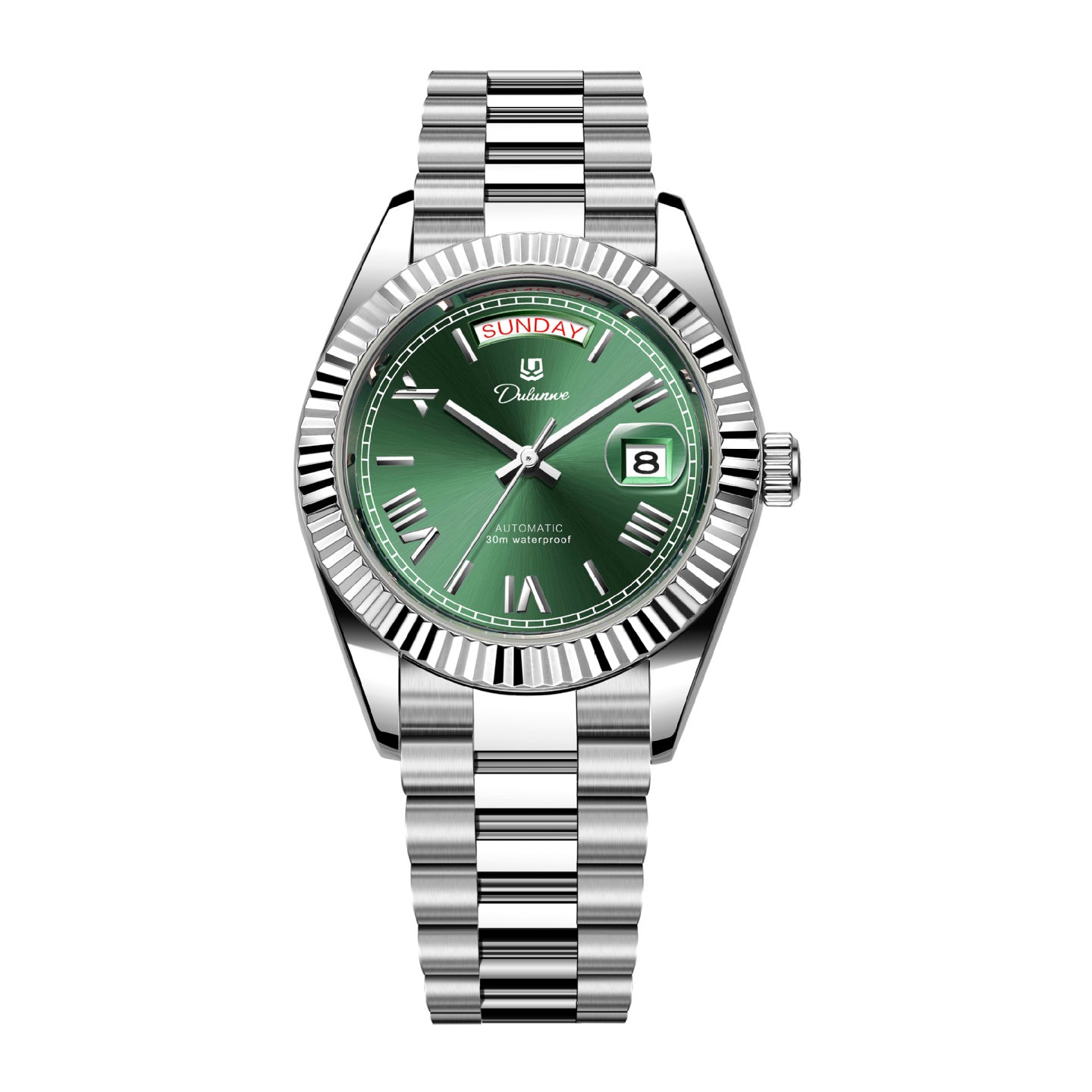 Men’s automatic steel watch with sunburst green dial and fluted bezel.