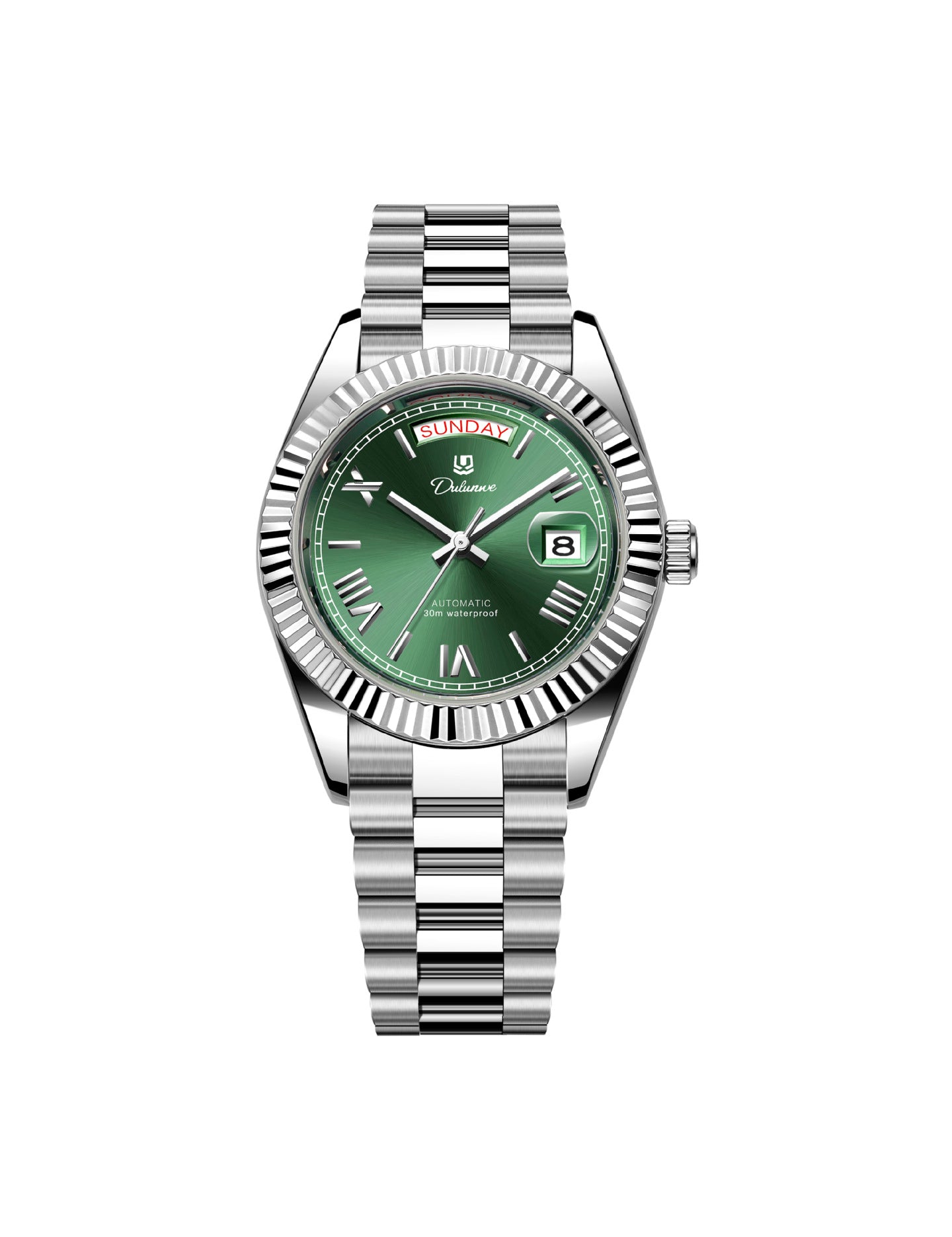 Men’s automatic steel watch with sunburst green dial and fluted bezel.