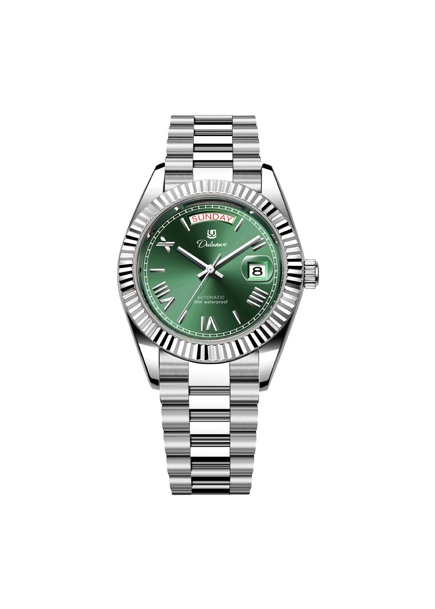 Men’s automatic steel watch with sunburst green dial and fluted bezel.