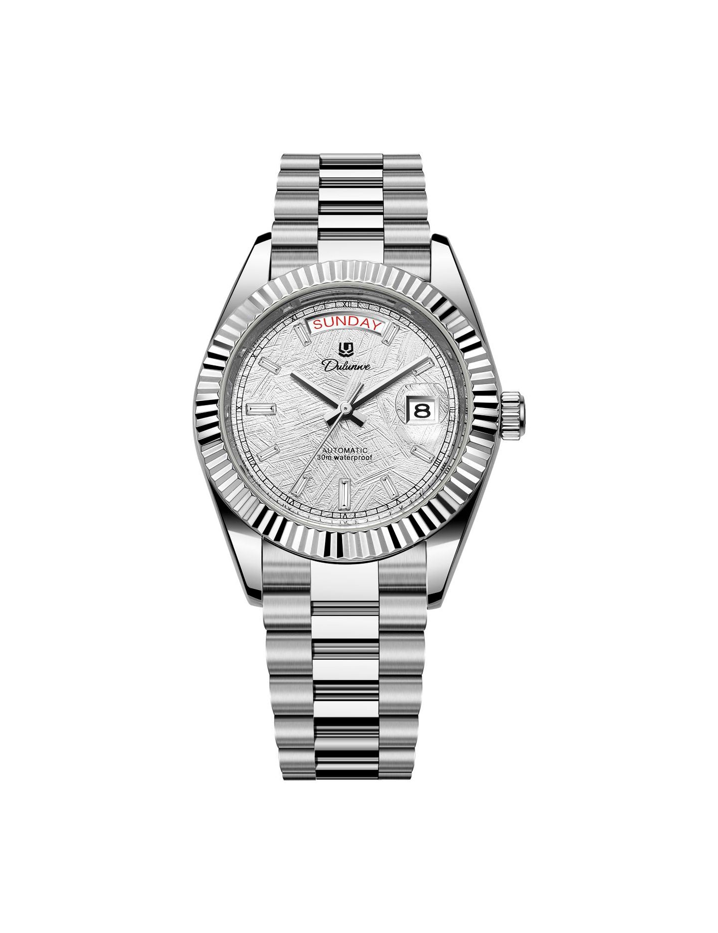 Men’s automatic steel watch with textured silver dial and fluted bezel.
