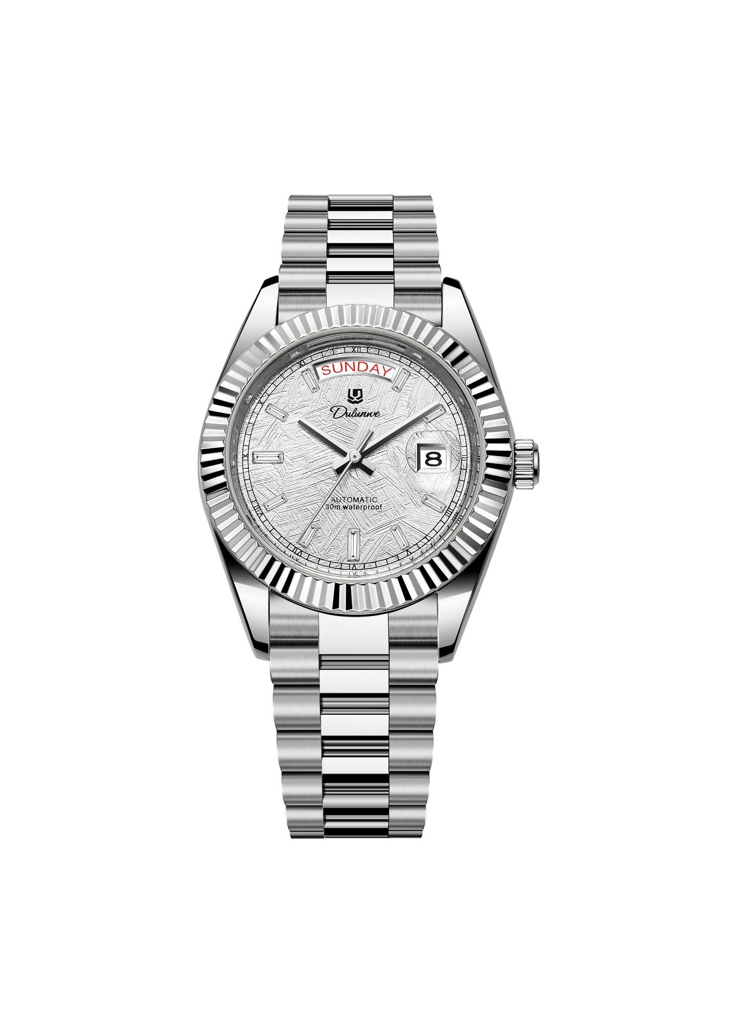 Men’s automatic steel watch with textured silver dial and fluted bezel.