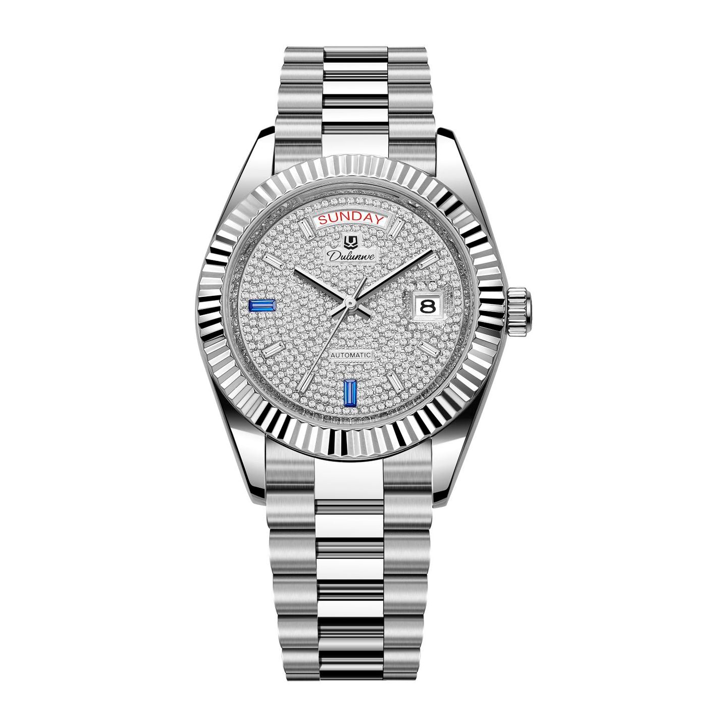 Men’s automatic steel watch with silver pavé dial and fluted bezel.