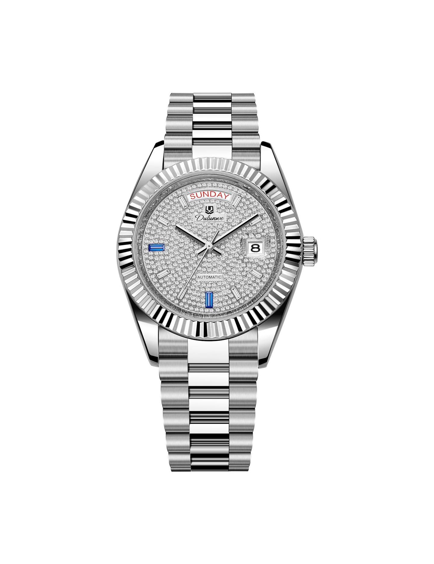 Men’s automatic steel watch with silver pavé dial and fluted bezel.