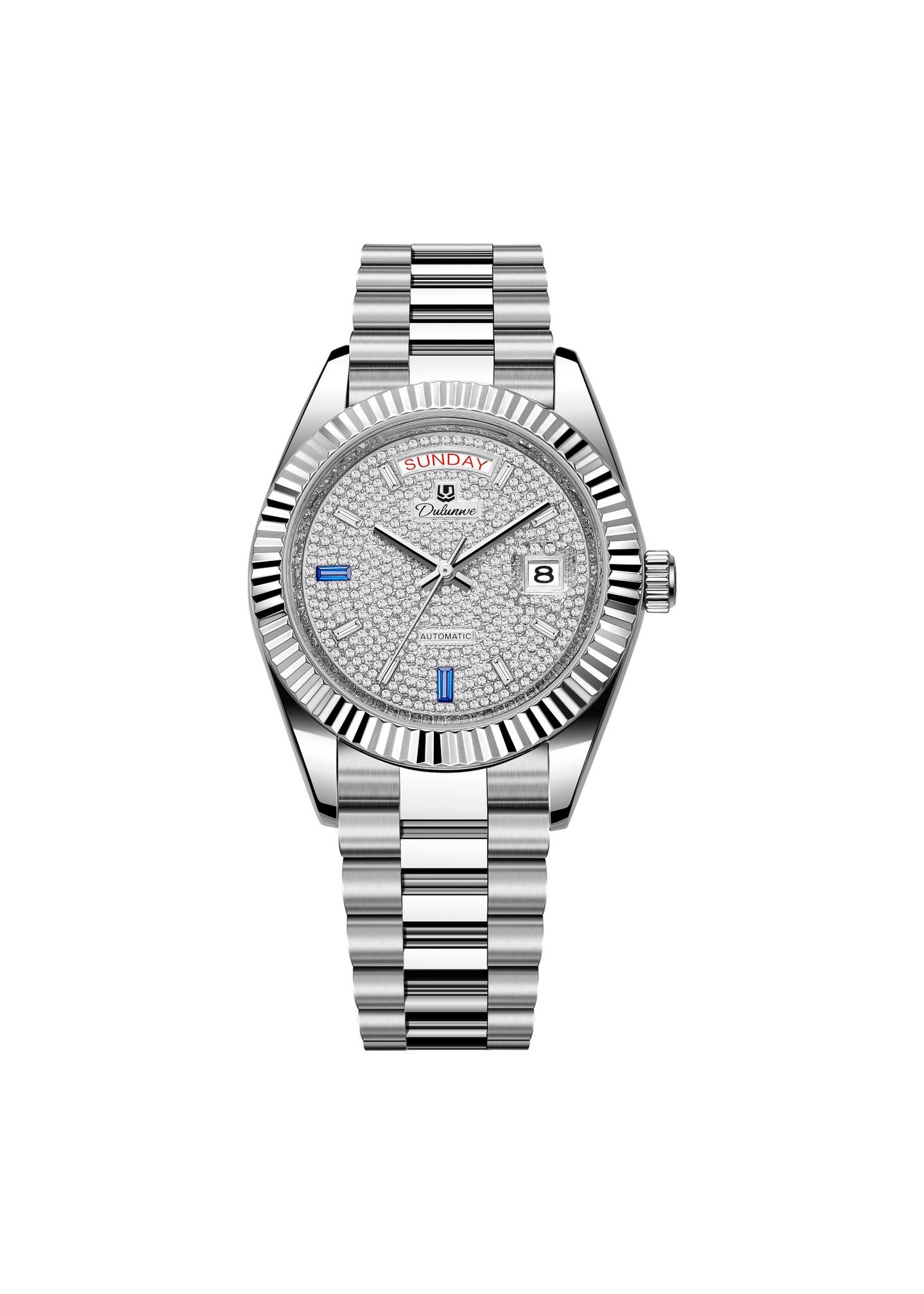 Men’s automatic steel watch with silver pavé dial and fluted bezel.